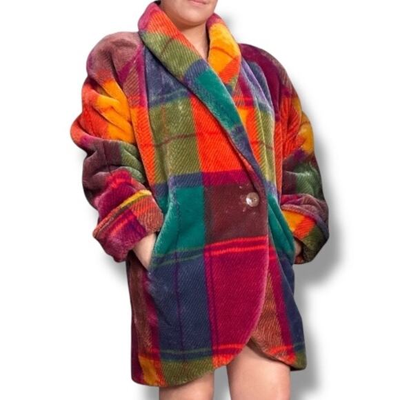 Vintage Jackets & Blazers - Vintage Donnybrook Rainbow Plaid Faux Fur Coat Colorful Oversized Jacket Large